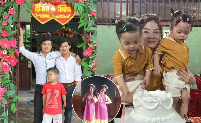 Cặp sinh đôi là con của dì ruột Linh (áo trắng), cặp sinh đôi con của mẹ Linh (áo hồng) và cặp sinh đôi của Linh