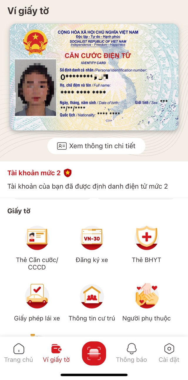 Tại màn hình trang chủ tài khoản định danh điện tử mức 2 nhấn Ví giấy tờ.