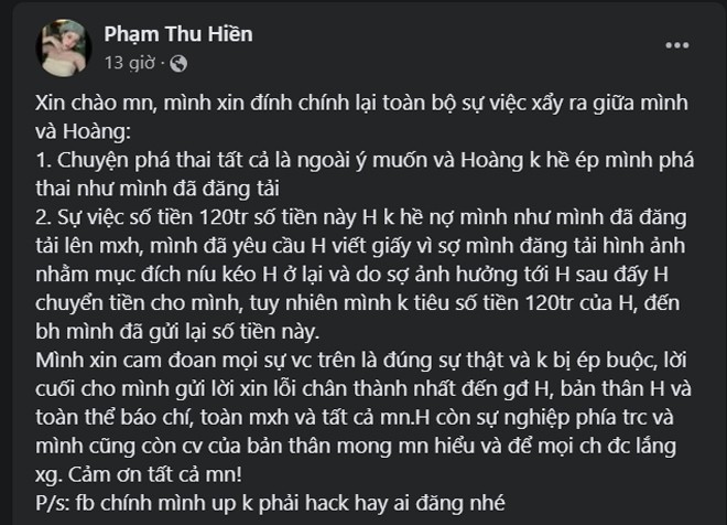 Bài đăng đính chính của Thu Hiền về sự việc ồn ào với cầu thủ Nghệ An