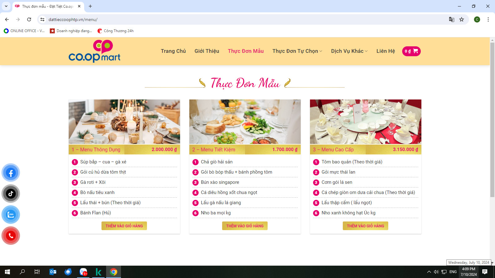 Website của CO.OP Party với menu đa dạng, giá tốt