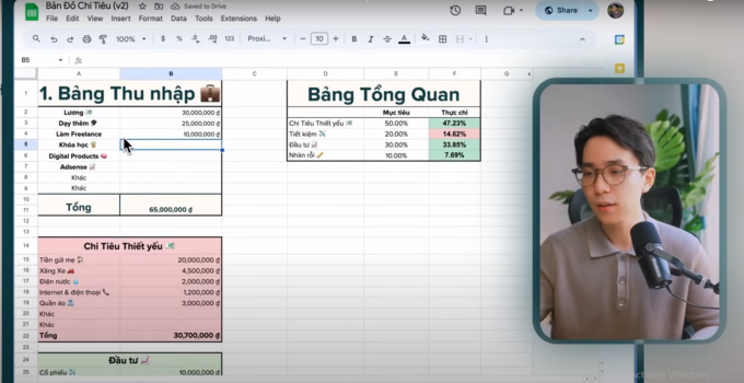 Nam Anh minh họa bản đồ chi tiêu trong một tháng, thực hiện trên Google Sheet. Ảnh chụp từ video trên Youtube Namanhsuit