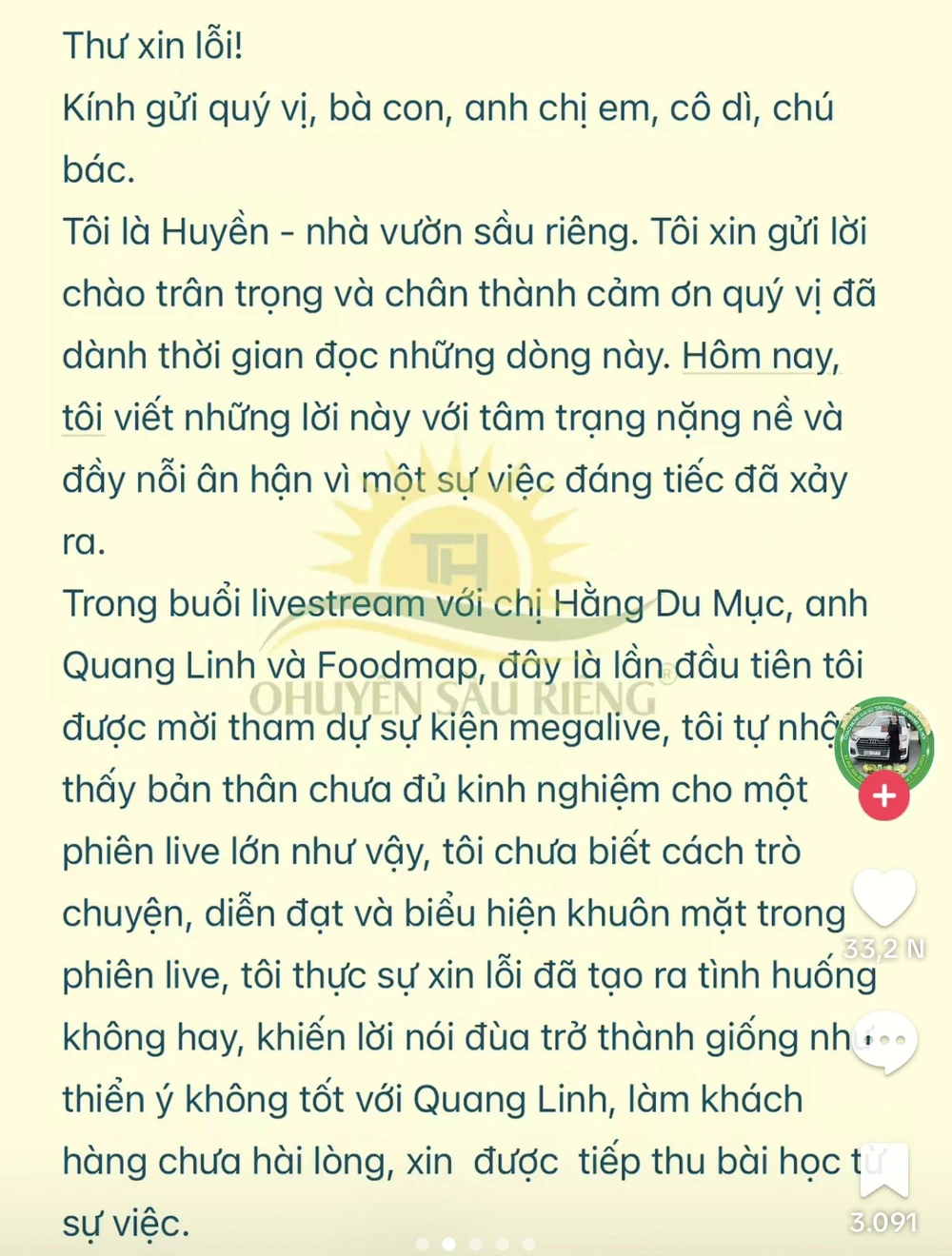 Thư xin lỗi được đăng trên nền tảng mạng xã hội TikTok. Ảnh: Chụp màn hình