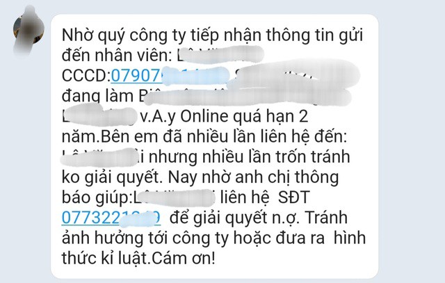 Tin nhắn gửi tới số điện thoại của phòng hành chính công ty anh Lê, dù anh chưa từng vay nợ tại app online hay tổ chức tín dụng nào