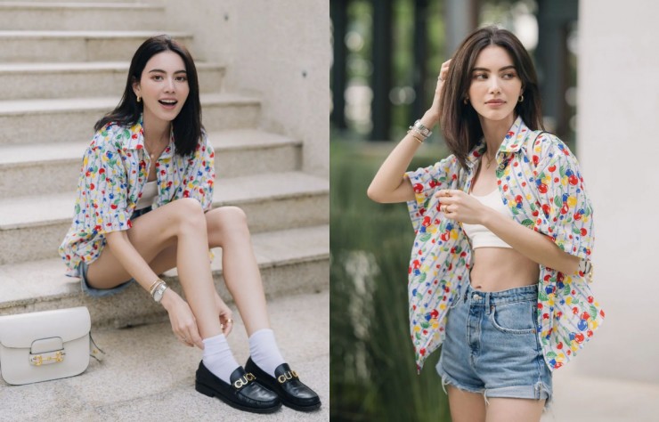 Davika kết hợp bra-top với quần short jeans, áo sơ mi màu sắc. Túi Gucci Horsebit 1955 và giày hàm thiếc ngựa cùng thương hiệu giúp cô hoàn thiện phong cách đường phố.