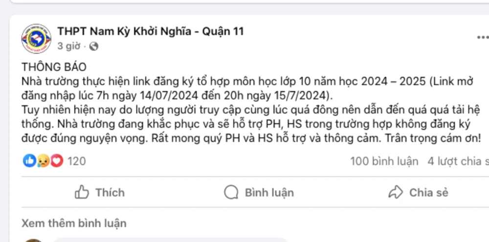 Fanpage Trường THPT Nam Kỳ Khởi Nghĩa thông tin về sự cố xảy ra trong quá trình đăng ký tổ hợp môn lớp 10 bằng hình thức trực tuyến. Ảnh: CHỤP MÀN HÌNH