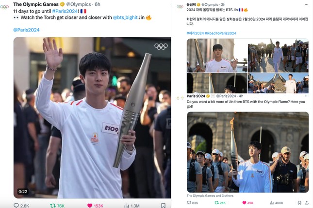 Ủy ban Olympic quốc tế (IOC) đã đăng tải bài viết với nội dung "BTS Jin đã thắp sáng Thế vận hội Paris 2024"