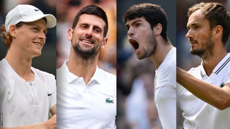 Djokovic (thứ 2 từ trái sang) tiến gần hơn vị trí số 1 của Sinner (trái) sau Wimbledon