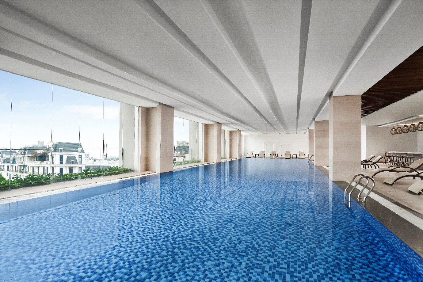 Giải nhiệt tại bể bơi bốn mùa và thưởng thức đồ uống tại Aqua Bar.