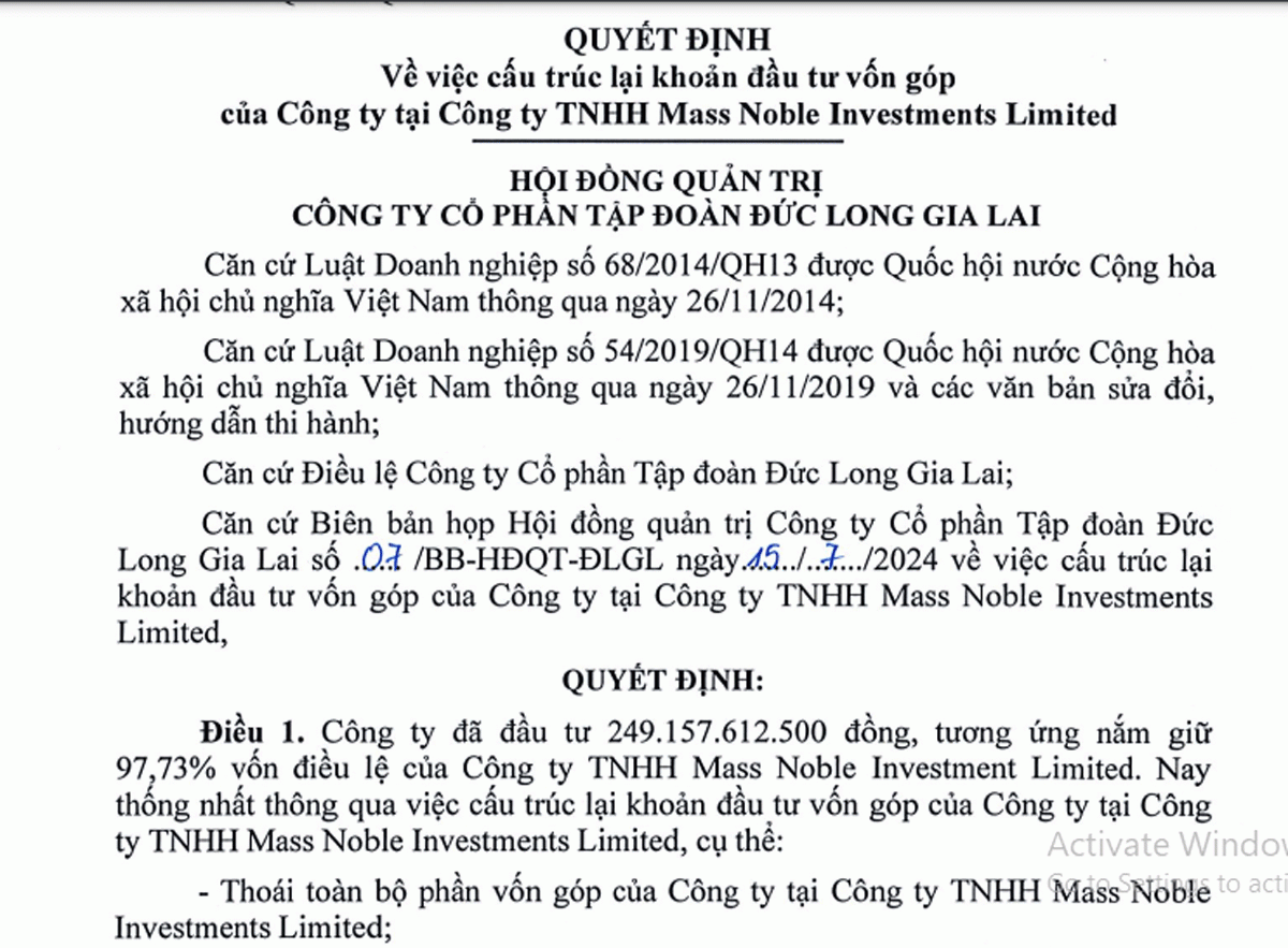 Đức Long Gia Lai muốn thoái toàn bộ phần vốn góp tại Mass Noble.