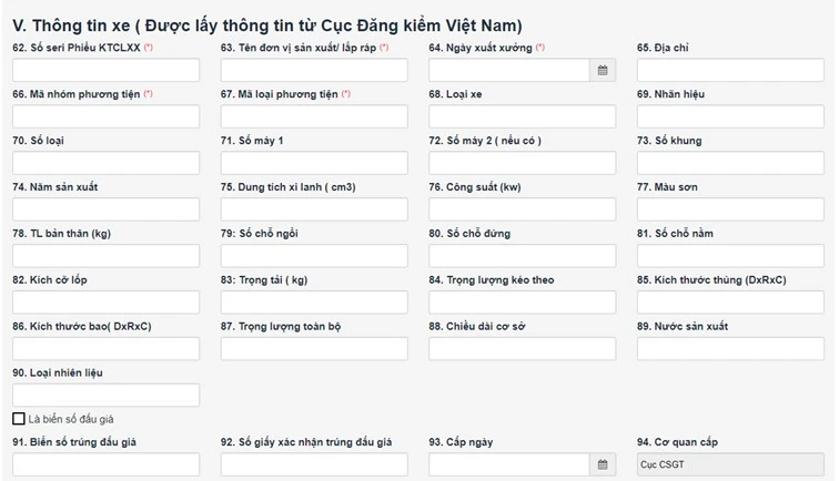 Giao diện tờ khai đăng ký xe qua dịch vụ công.
