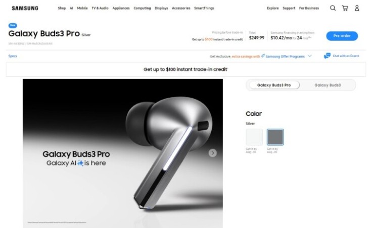 Trang web Samsung dời lịch bán Galaxy Buds3 Pro từ 24/7 sang 28/8.