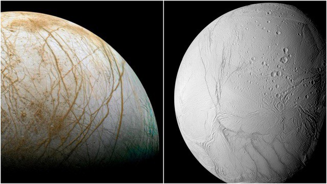 Europa (trái) và Enceladus đều có vỏ ngoài băng giá - Ảnh: NASA