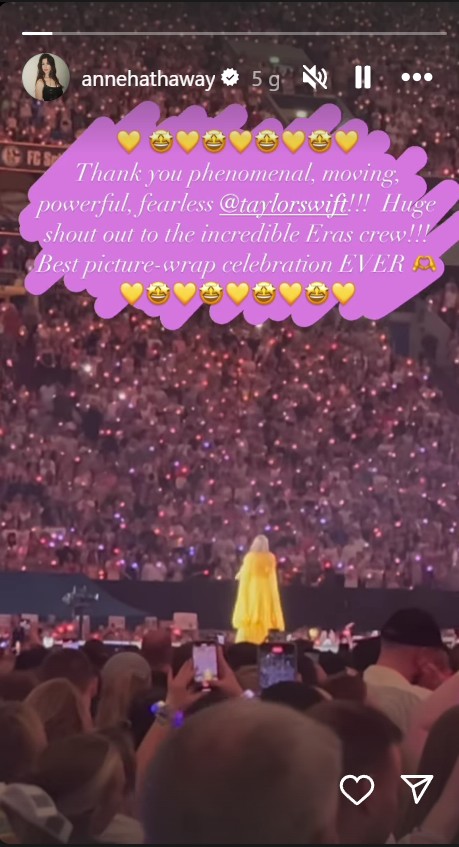 Story của Anne Hathaway về The Eras Tour trên Instagram cá nhân.