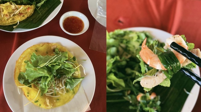 Bánh xèo và món tam hữu ăn kèm nước chấm chua cay và các loại rau tươi là đặc sản của làng rau Trà Quế.