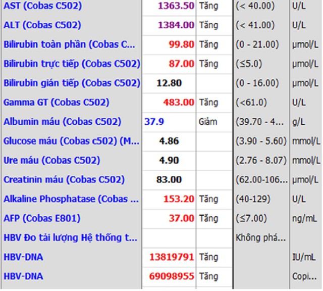 Kết quả xét nghiệm của bệnh nhân có nhiều chỉ số tăng cao đột biến. Ảnh: BVCC