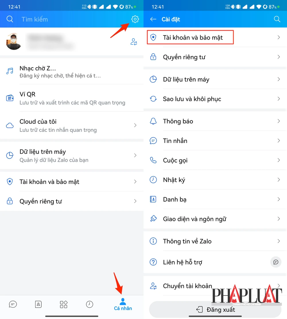 Truy cập vào phần cài đặt tài khoản và bảo mật trên Zalo. Ảnh: MINH HOÀNG