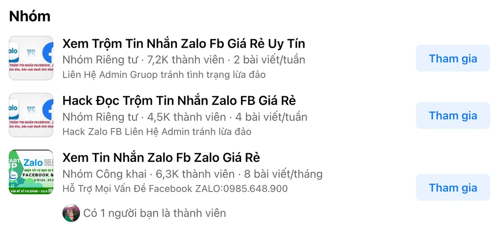 Quảng cáo dịch vụ đọc trộm tin nhắn Zalo nhằm mục đích lừa đảo. Ảnh: MINH HOÀNG