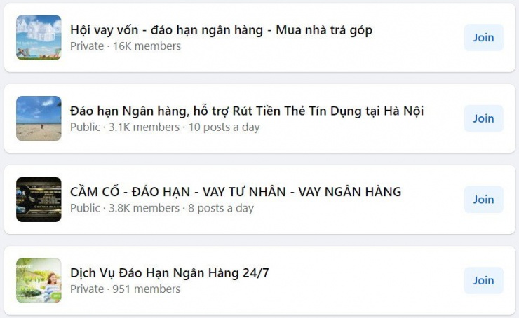 Các hội nhóm chuyên dịch vụ vay đáo hạn ngân hàng rất nhiều trên mạng xã hội - Ảnh: Ngọc Diệp