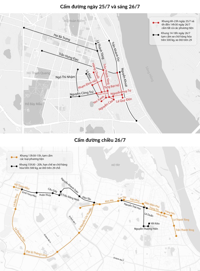 Các tuyến đường bị cấm để phục vụ Quốc tang Tổng bí thư Nguyễn Phú Trọng. Đồ họa: Đăng Hiếu
