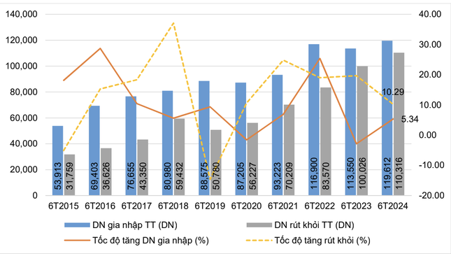 Số doanh nghiệp gia nhập và rút khỏi thị trường 6 tháng đầu năm giai đoạn 2015-2024.