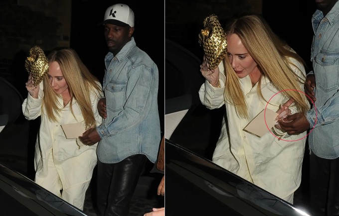 Adele đeo chiếc nhẫn đính viên kim cương lớn trên ngón tay áp út khi cùng Rich Paul tới Chiltern Firehouse. Ảnh: Click News and Media