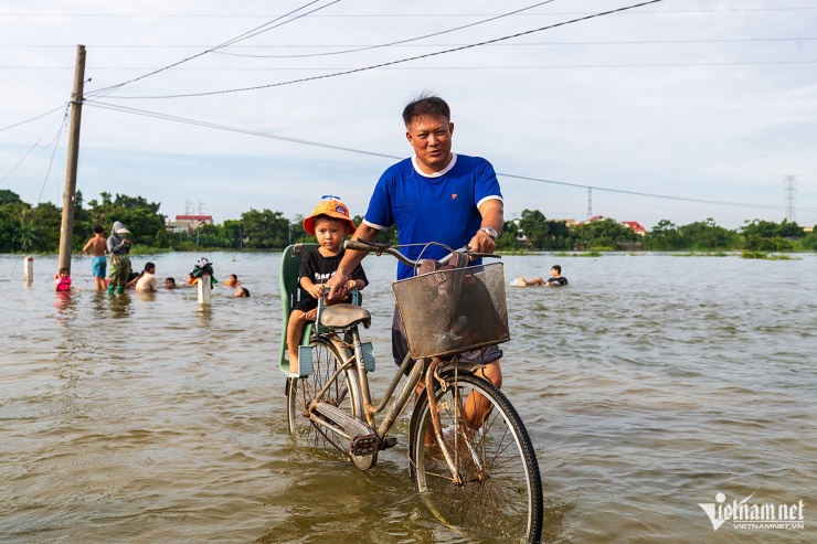 Đường vào xóm Bến Vôi không thể phân biệt được đâu là bờ, đâu là ruộng. Ảnh: Phạm Quốc Dũng