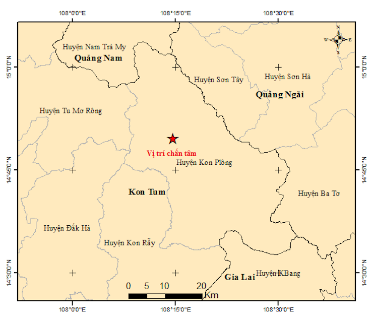 Vị trí tâm chấn của cả 4 trận động đất đều rất sát nhau ở huyện Kon Plông, tỉnh Kon Tum. (Ảnh: Viện Vật lý Địa cầu)