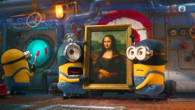 Các minions ăn trộm tranh "Mona Lisa", một trong khoảnh khắc tinh nghịch ở buổi lễ. Ảnh chụp màn hình