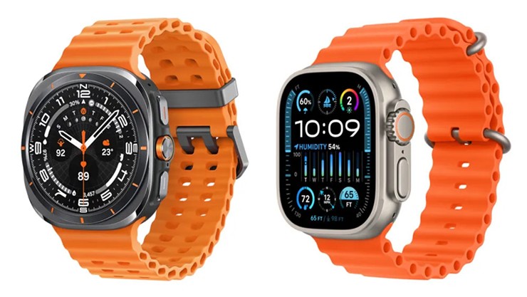 The Galaxy Watch Ultra (left) looks quite similar to the Apple Watch Ultra.