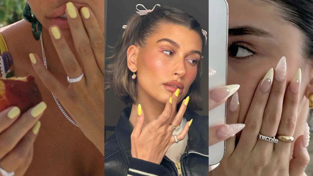 Kiểu mạ chrome càng sành điệu hơn với ánh vàng nhẹ nhàng như bộ nail của Hailey Bieber.