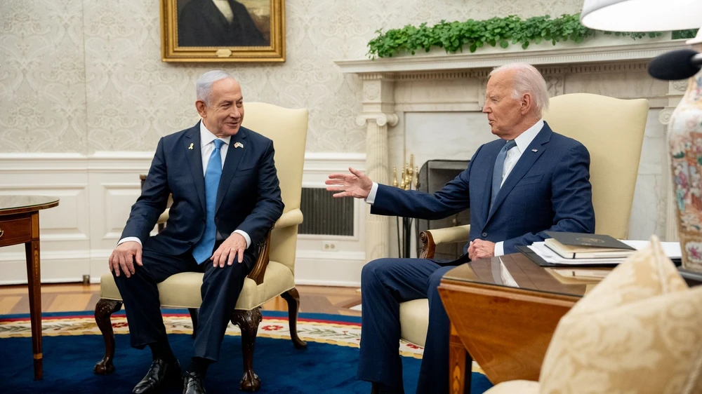 Tổng thống Mỹ Joe Biden (bên phải) và Thủ tướng Israel Benjamin Netanyahu tại Nhà Trắng (Mỹ). Ảnh: GETTY IMAGES