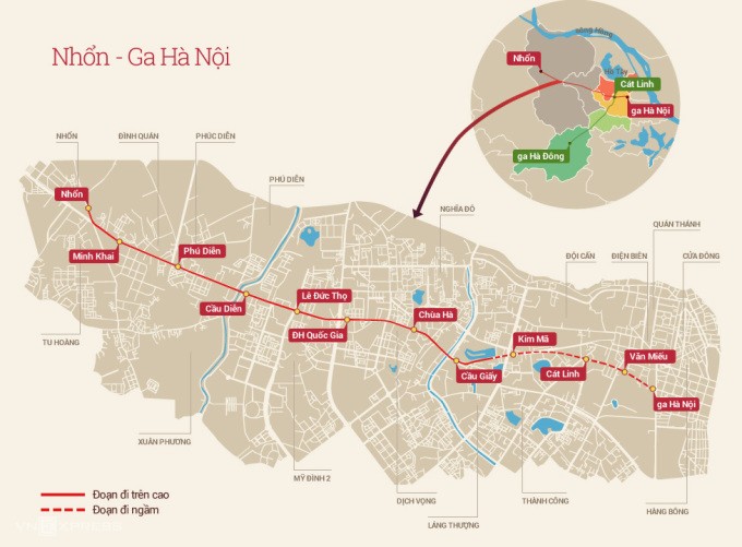 Metro Nhổn - ga Hà Nội có 12 ga, đoạn trên cao 8 km từ Nhổn tới Cầu Giấy. Đồ họa: An Nhiên