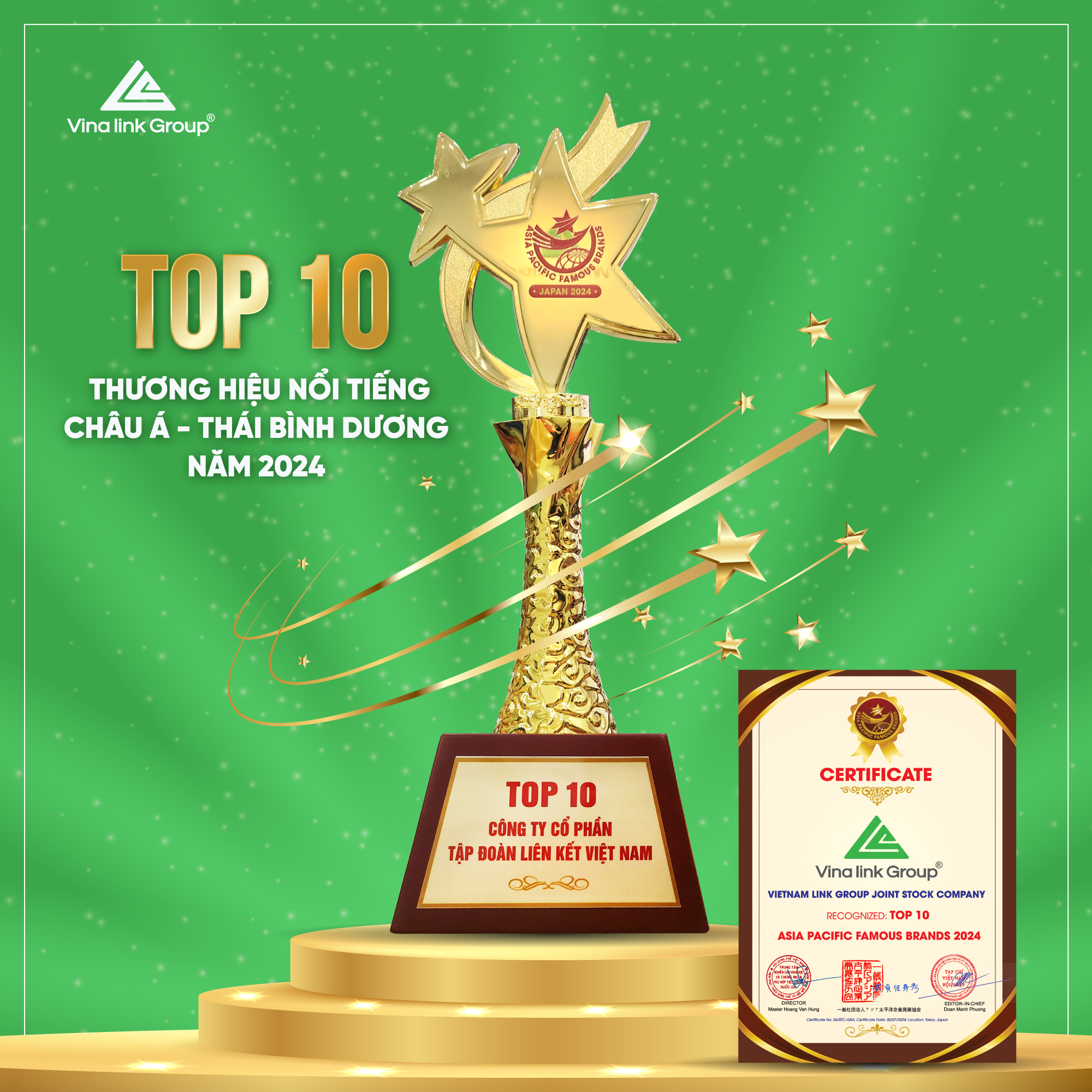 Bằng chứng nhận và cúp giải thưởng Top 10 thương hiệu nổi tiếng Châu Á – Thái Bình Dương năm 2024.