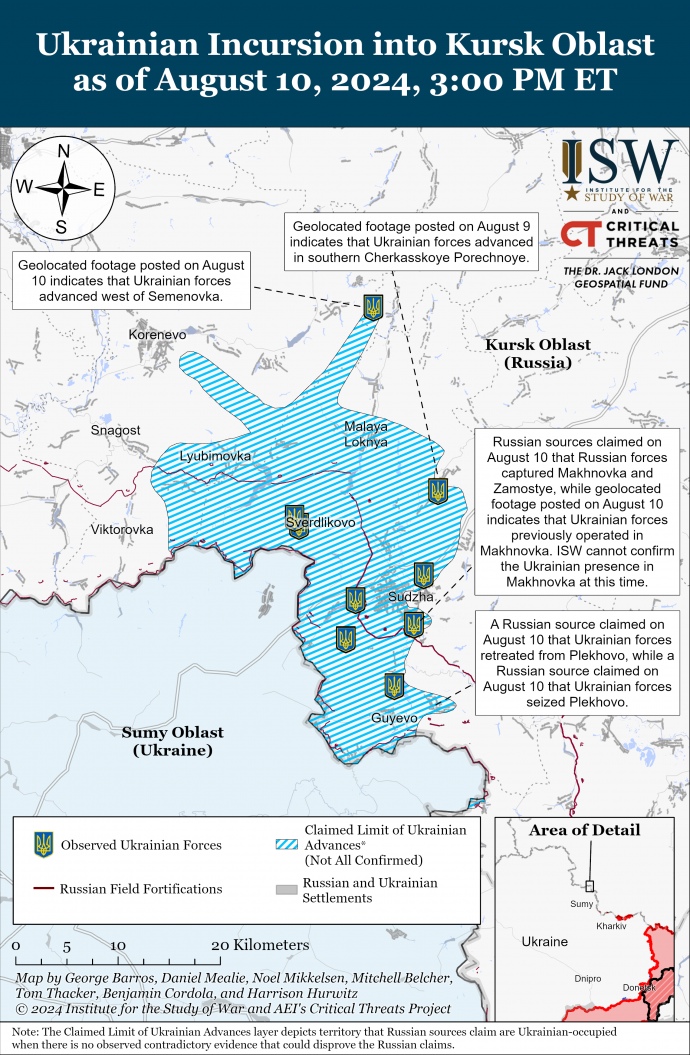 Các khu vực ở vùng Kursk của Nga có sự hiện diện của quân đội Ukraine. Ảnh: ISW.