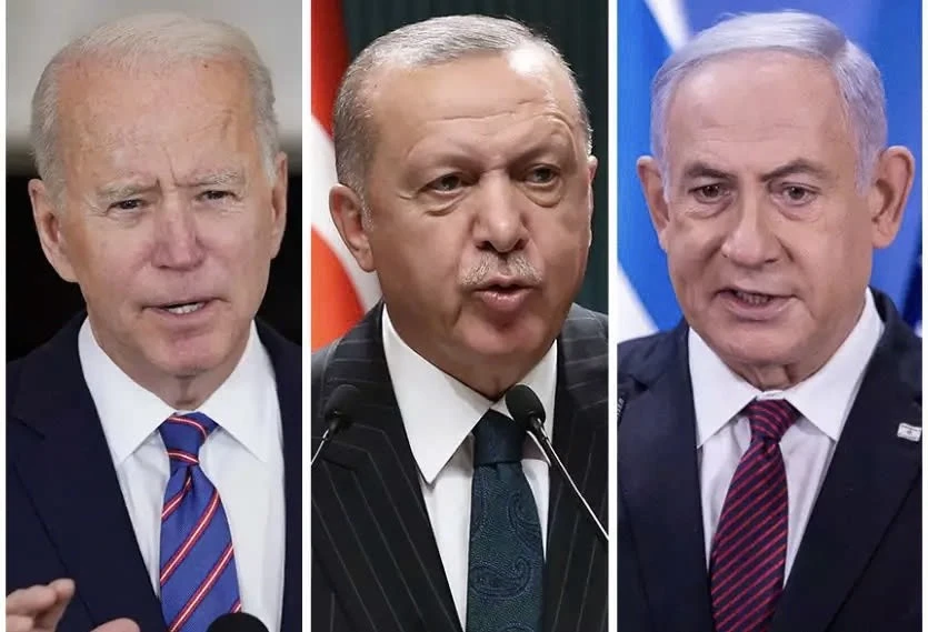 (Từ trái sang) Tổng thống Mỹ Joe Biden, Tổng thống Thổ Nhĩ Kỳ Recep Tayyip Erdogan và Thủ tướng Israel Benjamin Netanyahu. Ảnh: AFP