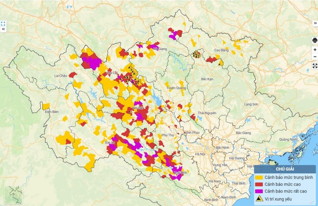 Các khu vực có nguy cơ sạt lở, lũ quét. Ảnh: Trung tâm Dự báo KTTV Quốc gia