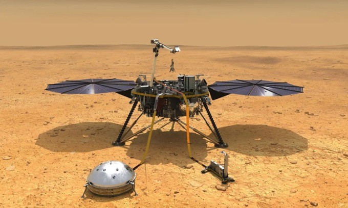 Mô phỏng trạm đổ bộ Insight hoạt động trên sao Hỏa. Ảnh: NASA