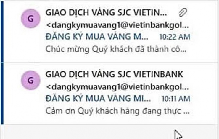 Thông báo đăng ký thành công và phiếu chờ nhận vàng.