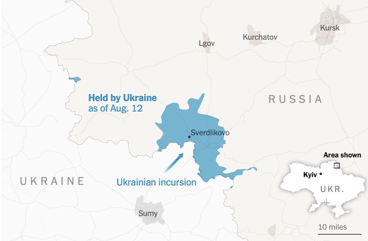 Các khu vực có sự hiện diện của binh sĩ Ukraine ở vùng Kursk của Nga. Đồ họa: New York Times.