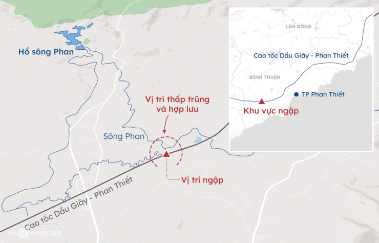 Vị trí xảy ra ngập trên cao tốc. Đồ họa: Khánh Hoàng