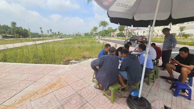 Nhiều "cò đất" dựng ô, kê bàn ghế tư vấn, mời chào khách ngay giữa khu đất vừa trúng đấu giá.