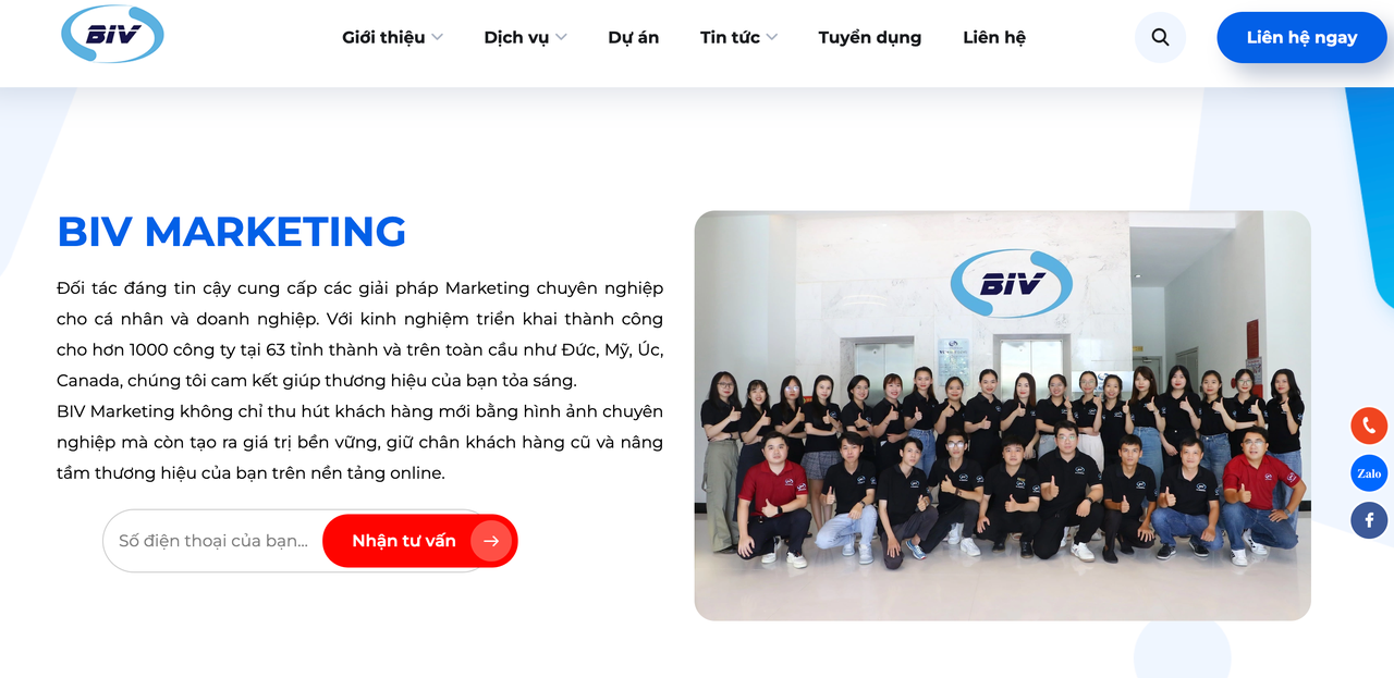Giao diện website BIV Marketing đẹp mắt, hiện đại, và thân thiện với người dùng.