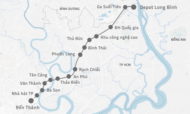 Vị trí 14 nhà ga Metro số 1 và cầu đi bộ kết nối. Đồ họa: Khánh Hoàng