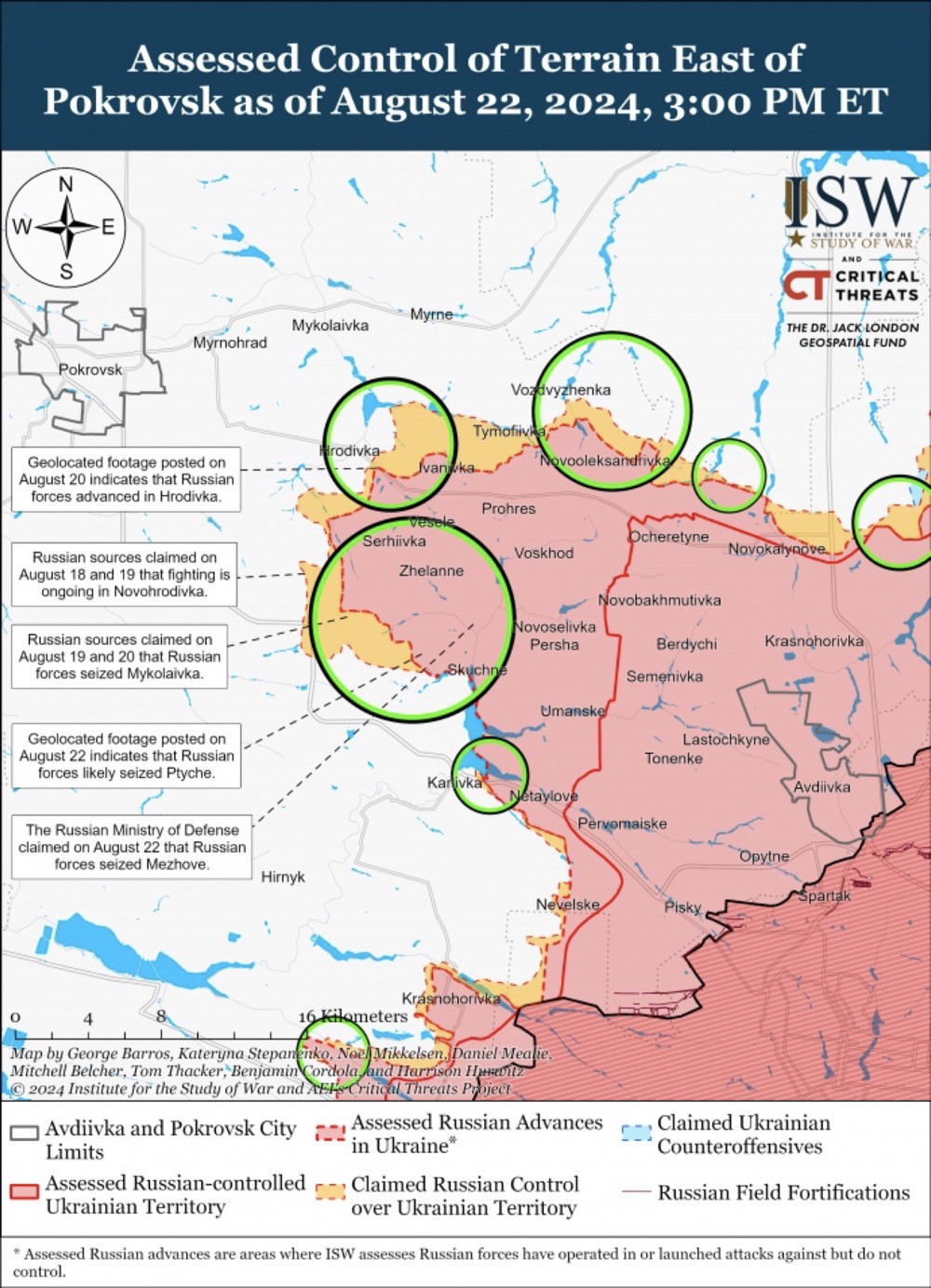 Tình hình giao tranh ở mặt trận&nbsp;Pokrovsk&nbsp;tính đến ngày 22/8. Ảnh: ISW.