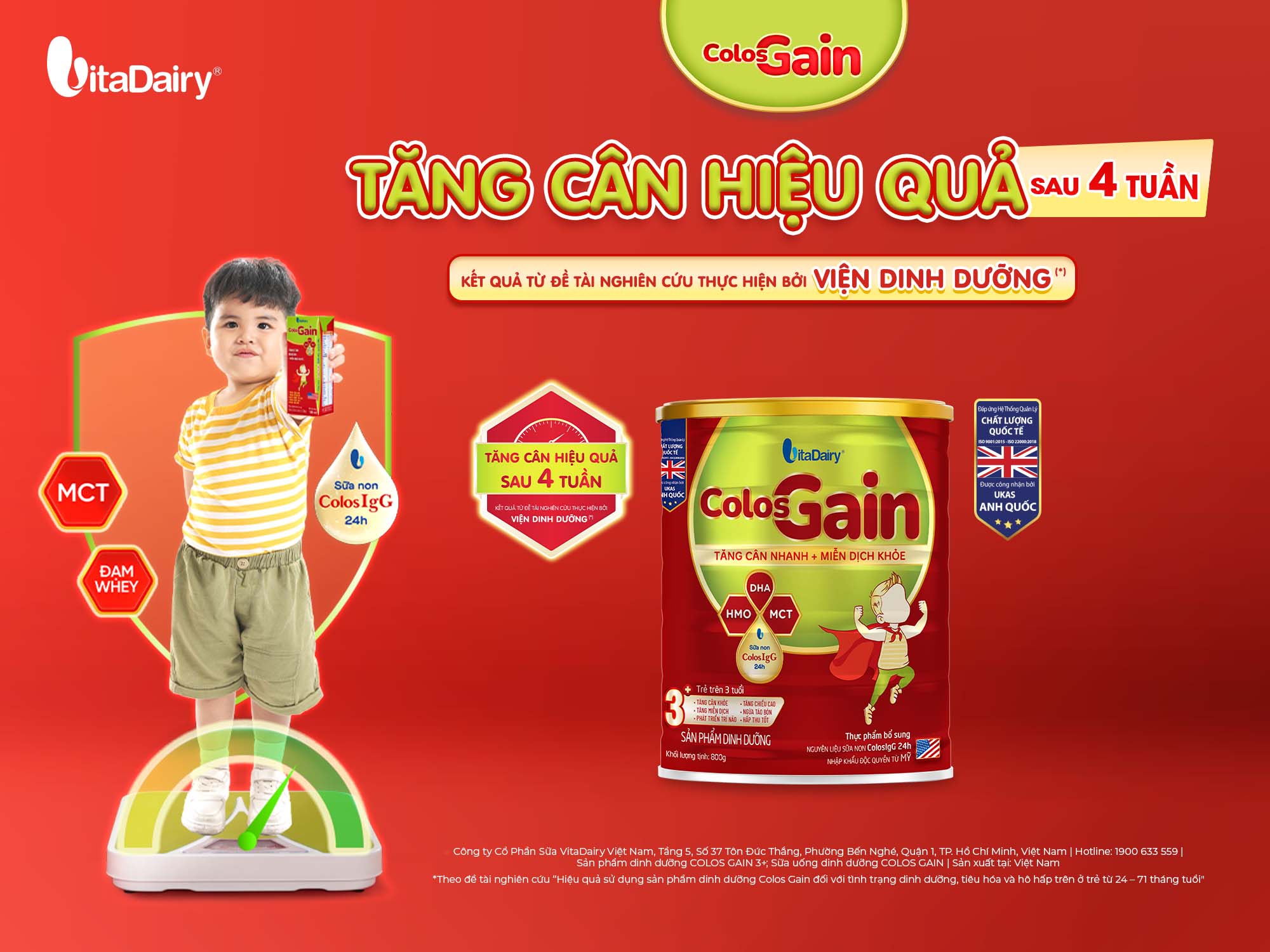 ColosGain giúp trẻ tăng cân trung bình 0,54kg sau 4 tuần và tình trạng biếng ăn giảm 36%.