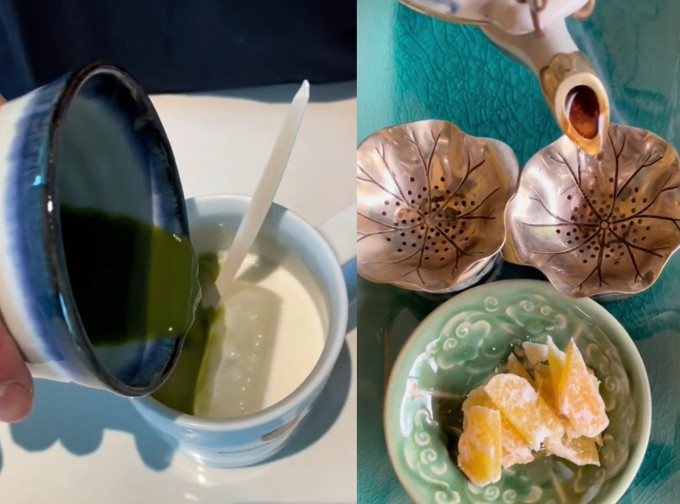 Trà xanh matcha và trà truyền thống kèm mứt là hai loại đồ uống quen thuộc buổi sáng của vợ chồng Midu.