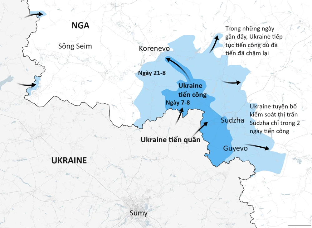 Khu vực Ukraine tiến quân khi tấn công tỉnh Kursk. Nguồn: ISW. Việt hóa: ĐỨC HIỀN