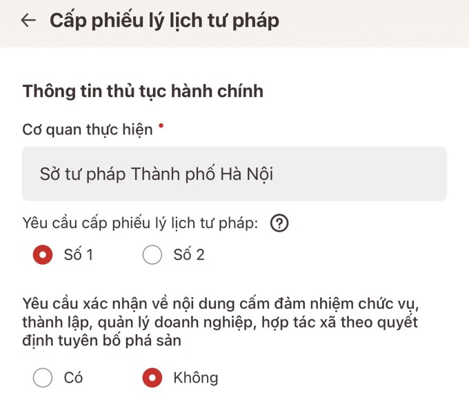 Giao diện đề nghị cấp phiếu lý lịch tư pháp trên VNeID. Ảnh: Chụp màn hình