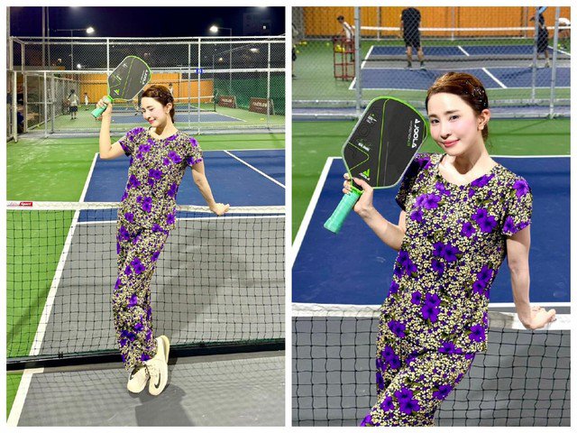 Diễn viên Quỳnh Nga đồ bộ kín như bưng ra sân tập pickleball.