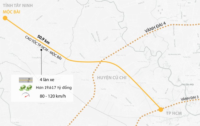 Sơ đồ hướng tuyến cao tốc TP HCM - Mộc Bài. Đồ họa: Khánh Hoàng